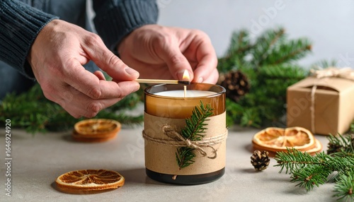 Hands Lighting Christmas Candle With Decorations