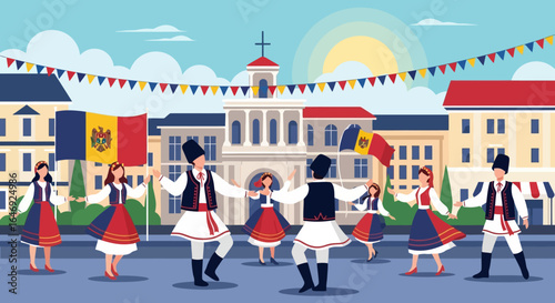 Joyful Moldovan dancers celebrate national heritage in vibrant folk costumes with flags flying high