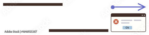 Browser window with error alert and OK button paired with arrow indicating guided action or navigation. Ideal for user interface, troubleshooting, workflow, error handling, web development