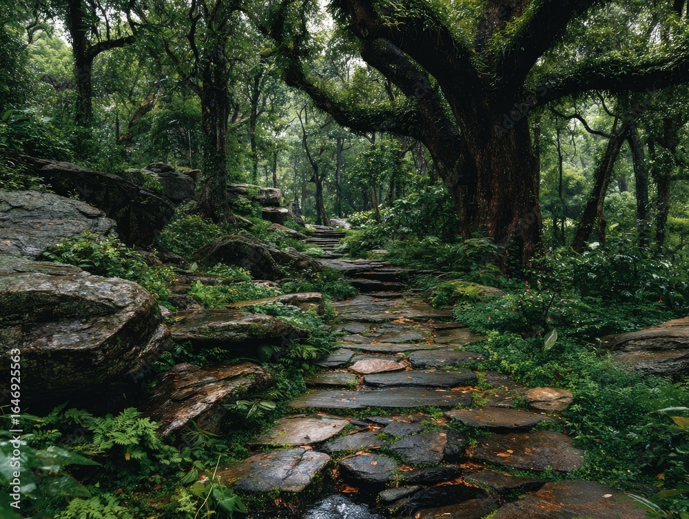 Obraz premium Stone path winds through lush, green forest, surrounded by large trees & rocks