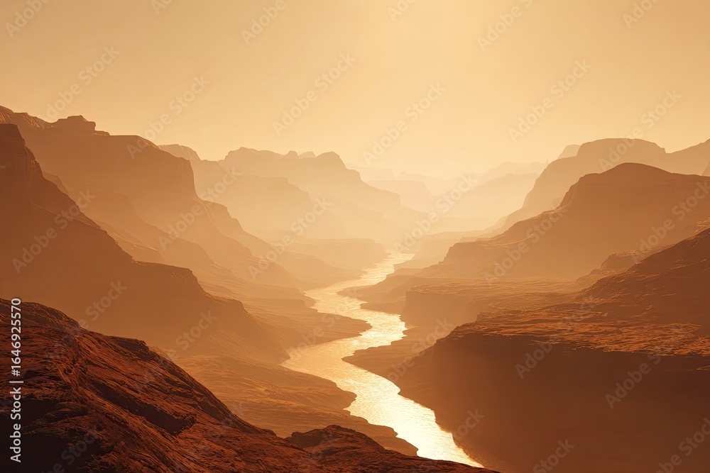 Naklejka premium Golden canyon vista, a river winding through majestic peaks in a warm, hazy light