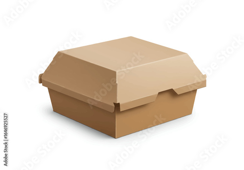 A closed brown takeout burger box casting a shadow sits against a white background