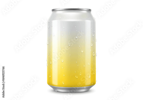 A cold aluminum soda can with a yellow gradient is covered in condensation droplets