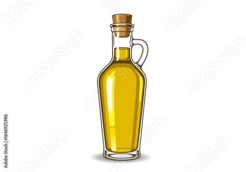 A glass bottle filled with yellow liquid sealed with a cork Has a handle and a reflective shine