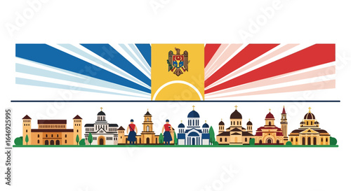Vibrant Moldova skyline panorama featuring iconic architecture and national flag