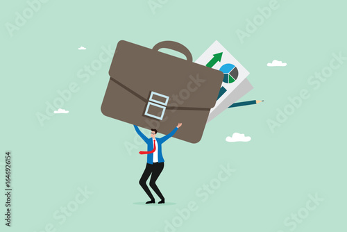 Businessman Carrying Heavy Briefcase with Charts and Graphs Success and Growth Concept