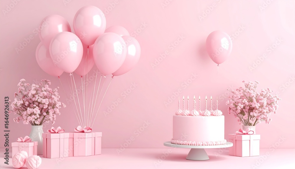 Pink birthday scene with cake, balloons, and flowers Pink birthday scene with cake, balloons, and flowers