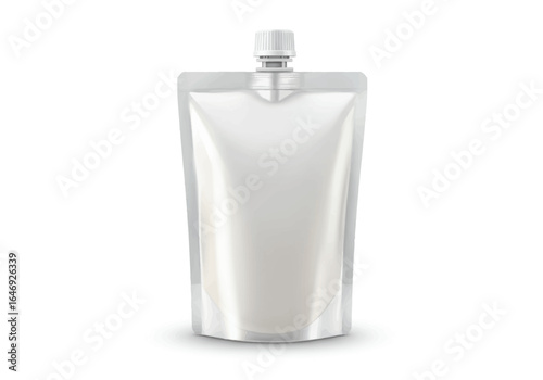 A glossy white standup pouch with a screwon cap centered on a white background casting a subtle shadow