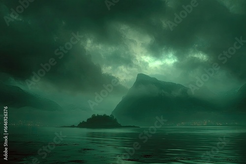 Misty fjord landscape, emerald hues