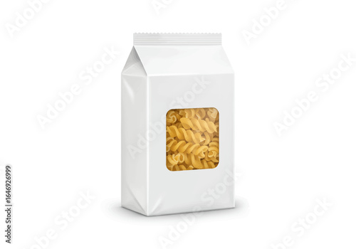 A package of fusilli pasta visible through a square window