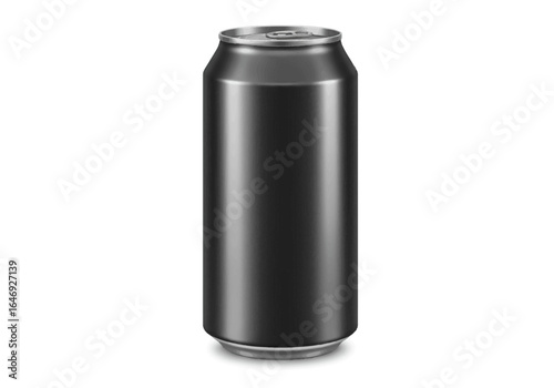 A plain gray metal soda can stands tall on a white surface illuminated by a light source