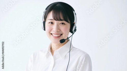 Plakat ヘッドセットを付けて微笑むオペレーターの女性のポートレート 白色無地の背景