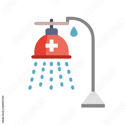 Medical emergency shower with water droplets falling isolated on transparent background