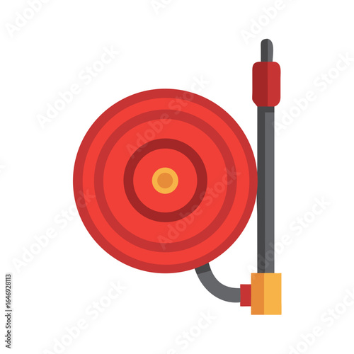 Red fire hose reel with grey pipe and yellow connector isolated on transparent background