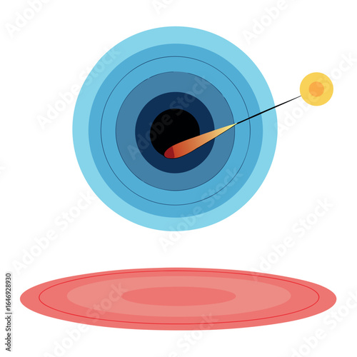 Photo of abstract illustration of a celestial body with concentric rings and a radiating light source, isolated on white background