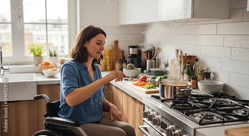 Woman in a wheelchair cooking a meal in a modern, accessible kitchen at home.