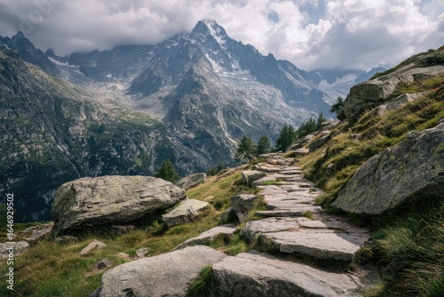 Hiking trail winding up a mountainside towards a majestic peak