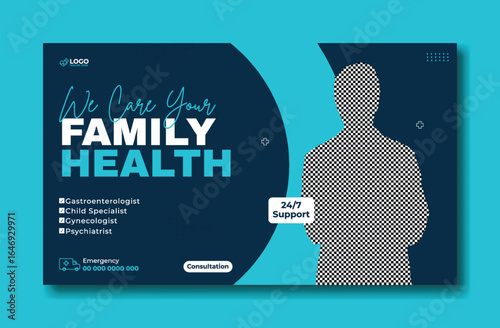 Smiling Doctor Promoting Family Health Services with 24 7 Support on a Modern Banner