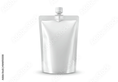 A white standup spout pouch on a white background with subtle shadows