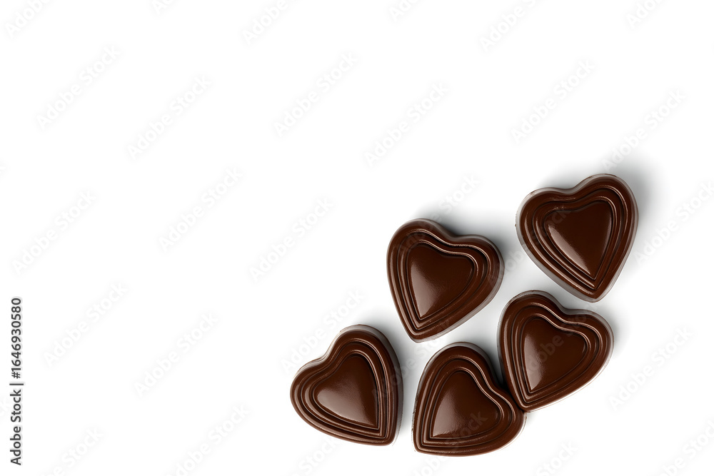 Fototapeta premium Heart shaped dark chocolates on white background, sweet dessert candy, gourmet cocoa treat, luxury confectionery, romantic gift, Valentine’s Day love symbol, indulgent food concept, delicious chocolat