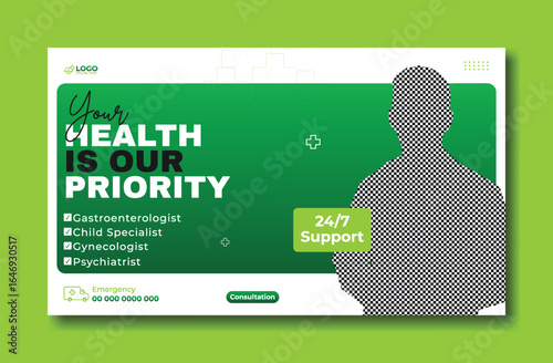 Medical Banner Design with Doctor and Green Background for Health Services