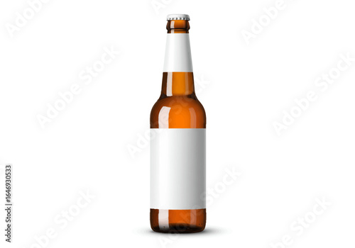An amber beer bottle with a white label is standing upright