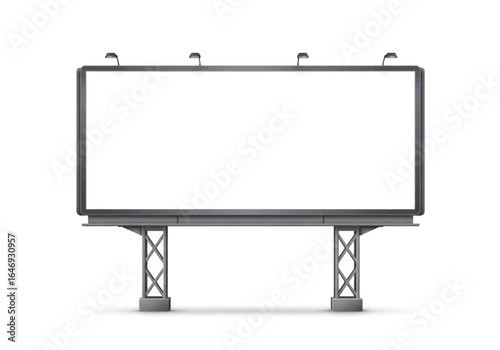 Billboard blank white sign with metal frame and support structure on a white background
