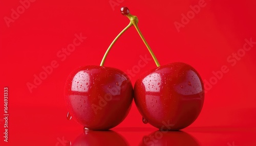 Two shiny ripe red cherries with stems intertwined and water droplets, presented against a bold red backdrop