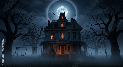 Spooky haunted house with pumpkin and full moon