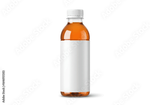 Bottle with amber liquid and white label