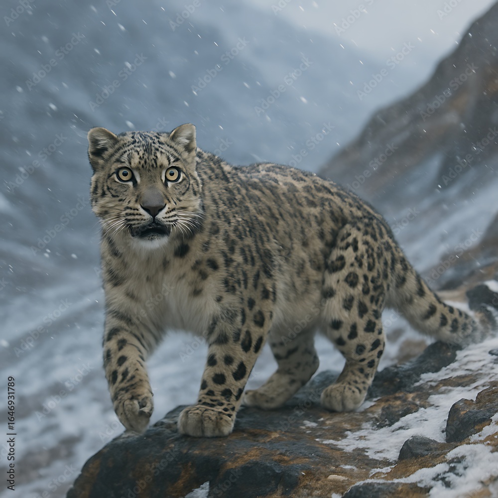 Fototapeta premium Leopard Cub Standing on Rock in Snowy Mountain Landscape