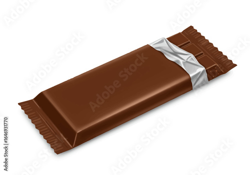 Chocolate bar with a partially peeled silver wrapper on a white background revealing a portion of the segmented treat