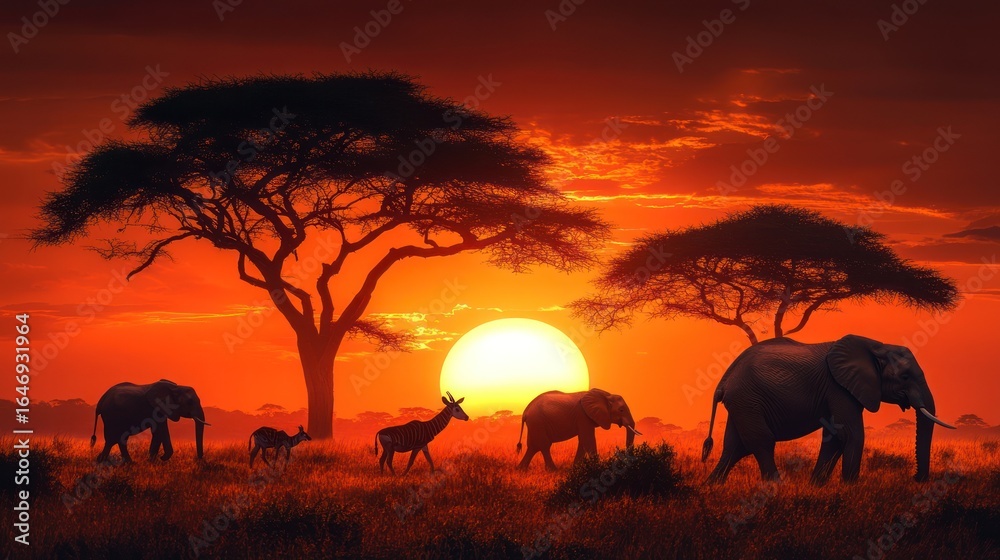 Fototapeta premium African savanna sunset with elephants and antelope