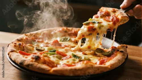 Freshly baked pizza with melted cheese and vibrant toppings, a delicious feast for the senses