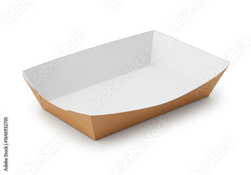 Empty cardboard food tray tan exterior white interior resting on a white surface with a subtle shadow