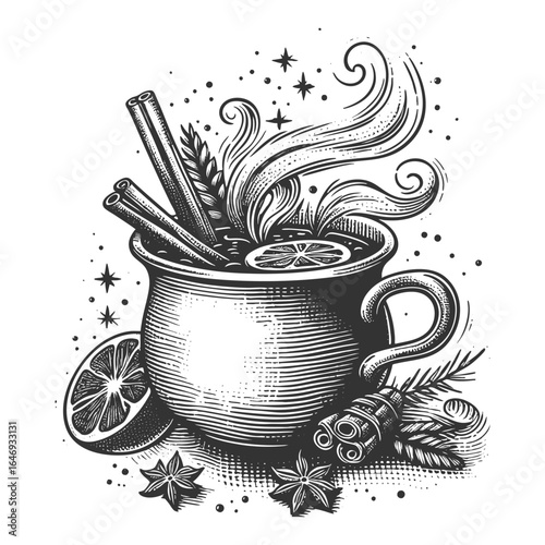 hot mulled wine in a cup with citrus slice, cinnamon sticks, and aromatic spices for winter warmth sketch engraving generative ai vector illustration. Scratch board imitation. Black and white image.
