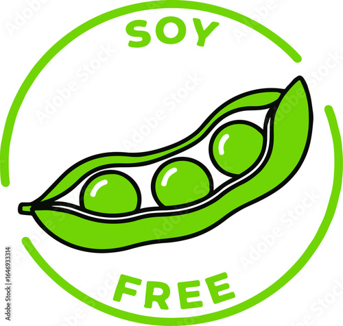 Soy Free green vector badge with soybeans in pod