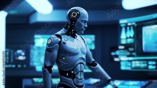 Ultra-realistic humanoid AI robot operating holographic data screens in a futuristic laboratory, cinematic 4K