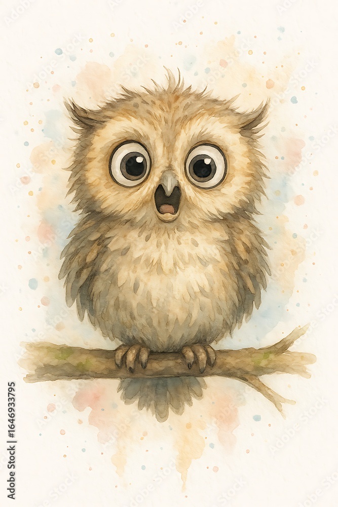 Obraz premium Cute Watercolor Owl with Large Eyes Sitting on Branch in Soft Pastel Background