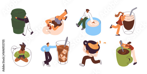 Tiny people with big mugs set. Men and women hold hot beverages, carry teacup of drink. Coffee lovers sit inside huge cups. Girls and boys love tea, cacao. Flat isolated vector illustrations on white