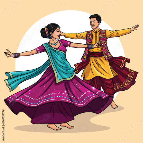 Happy Indian Couple Dancing Garba in Traditional Attire – Vector Illustration