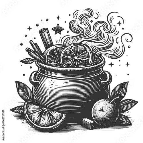 hot mulled wine in a cup with citrus slice, cinnamon sticks, and aromatic spices for winter warmth sketch engraving generative ai vector illustration. Scratch board imitation. Black and white image.