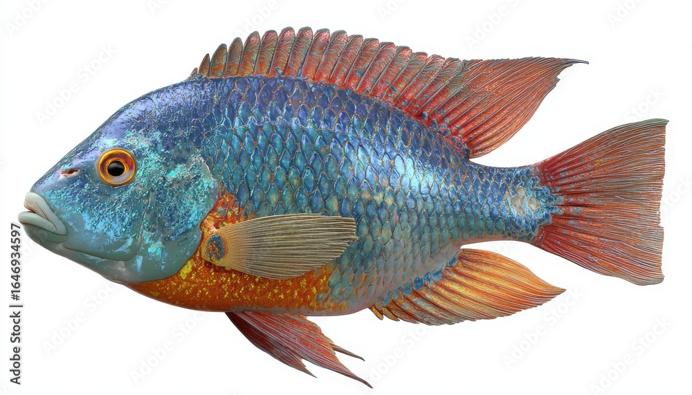 Fototapeta premium Vibrant Blue and Orange Fish with Detailed Scales on White Background