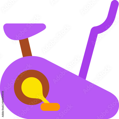Purple stationary exercise bike icon, a flat vector graphic symbolizing cardio training, gym workouts, and a healthy active lifestyle.