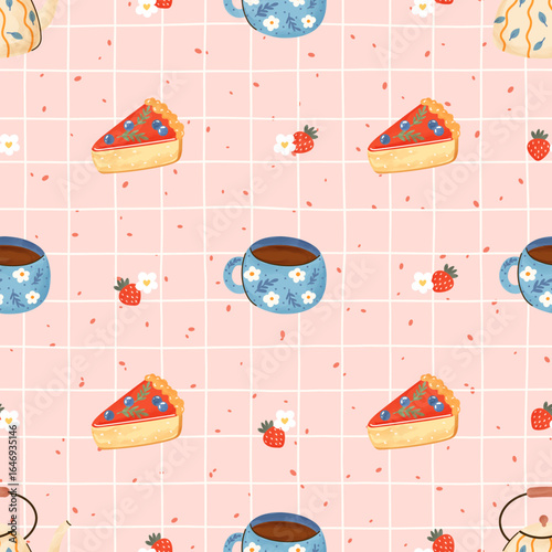 Seamless watercolor vector pattern with tea cups, mugs, cheesecake and strawberry in a cozy gingham and floral style, perfect for fabric, wallpaper, and gift wrap