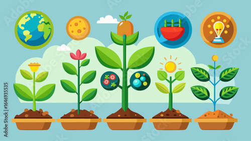 An elegant sprout growing icon set depicts plant growth from seed to tree, illustrating seed germination, planting, and seedling stages in a beautifully crafted semi-realistic vector style.