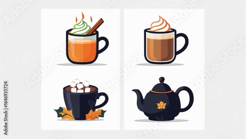 Four autumn drinks and a teapot with maple leaf fall hot drink
