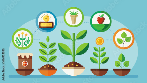 An elegant sprout growing icon set depicts plant growth from seed to tree, illustrating seed germination, planting, and seedling stages in a beautifully crafted semi-realistic vector style.
