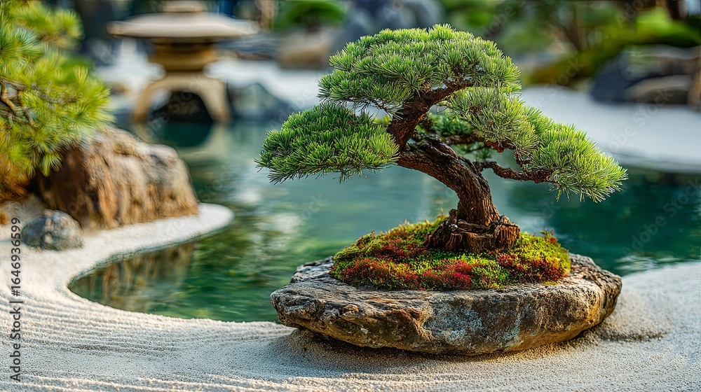 Fototapeta premium A bonsai tree sits on a stone base in a zen garden.