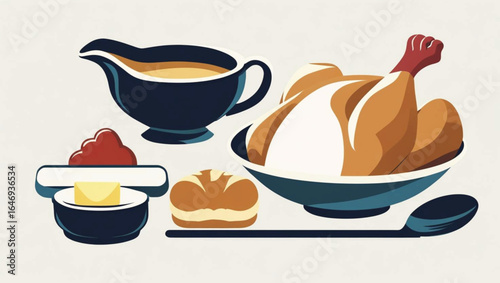 Roasted chicken with gravy bread and butter in a flat design style gravy boat bread roll